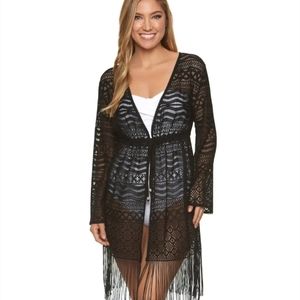 NWT DOTTI Coachella Crochet Cover Up Kimono Womens Large Black Tasseled